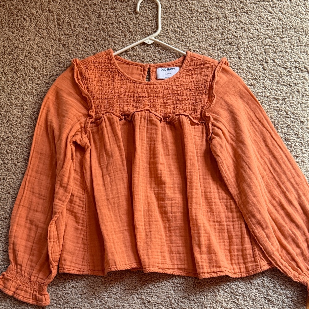 Old Navy Orange Smocked Gauze Blouse with Flutter Trim